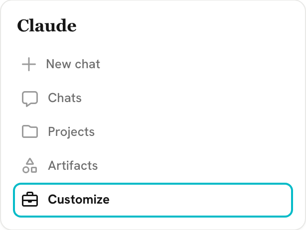 Claude's sidebar with Customize highlighted