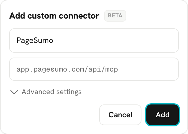 The Add custom connector box filled in with PageSumo and the address